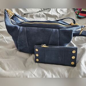 Navy Pebbled Leather Shoulder Bag with Matching Wallet